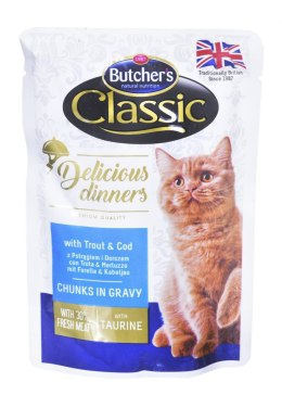 Butcher's Delicious Dinners Cat z pstrągiem i dorszem - mokra karma dla kota - kawałki w sosie - saszetka 100 g