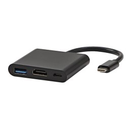 USB/Video Adapter + HUB, DP Alt Mode, USB C (M) - HDMI F + USB C F (PD) + USB A F, czarny, All New box 4K2K@30Hz, USB Power Del