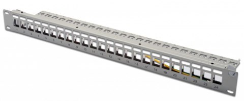 Digitus Panel krosowy (patch panel) modularny 19" 24 porty pod moduły keystone, 1U, ekranowany, prowadnica kabli, pola opisowe, szary