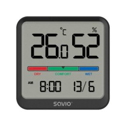 Czujnik temperatury i wilgotności SAVIO CT-01/B, ekran LCD, do użytku wewnętrznego, zegar, data