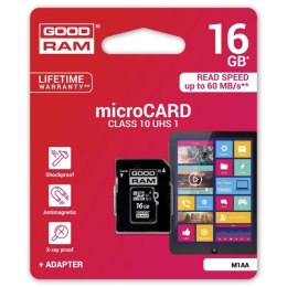Goodram Karta pamięci Micro Secure Digital Card, 16GB, micro SDHC, M1AA-0160R12, UHS-I U1 (Class 10), z adapterm