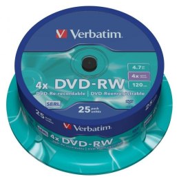 Verbatim DVD-RW, Matt Silver, 43639, 4.7GB, 4x, spindle, 25-pack, bez możliwości nadruku, 12cm, do archiwizacji danych
