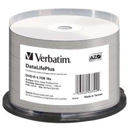 Verbatim DVD-R, DataLifePlus Wide Inkjetr Printable, 43744, 4.7GB, 16X, cake box, 50-pack, 12cm, do archiwizacji danych